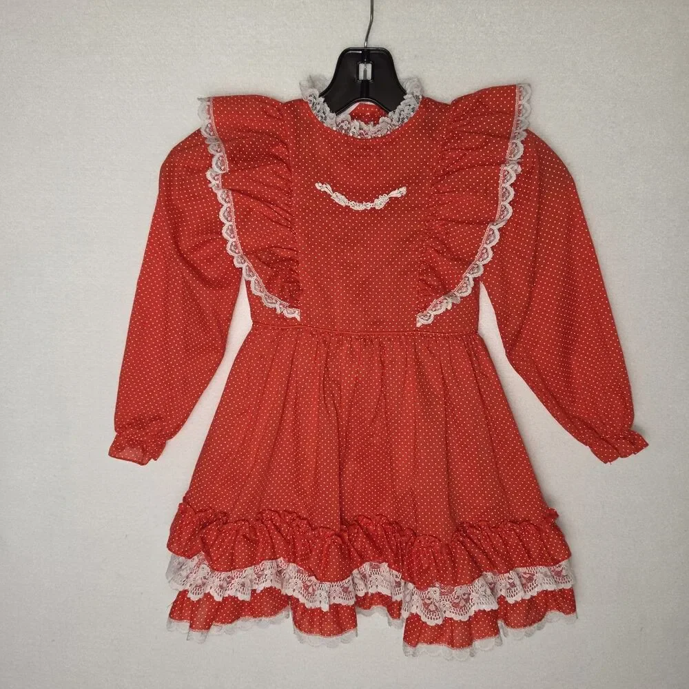 Vintage Sears Winnie the Pooh Red Polka Dot Ruffle Lace Dress Youth Girls Size 6